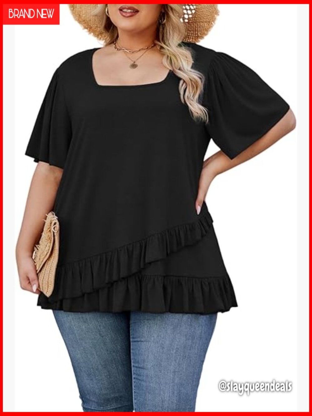 Plus Size Tunic Top Square Neck Ruffle Hem Short Sleeve Blouse Going Out Shirt